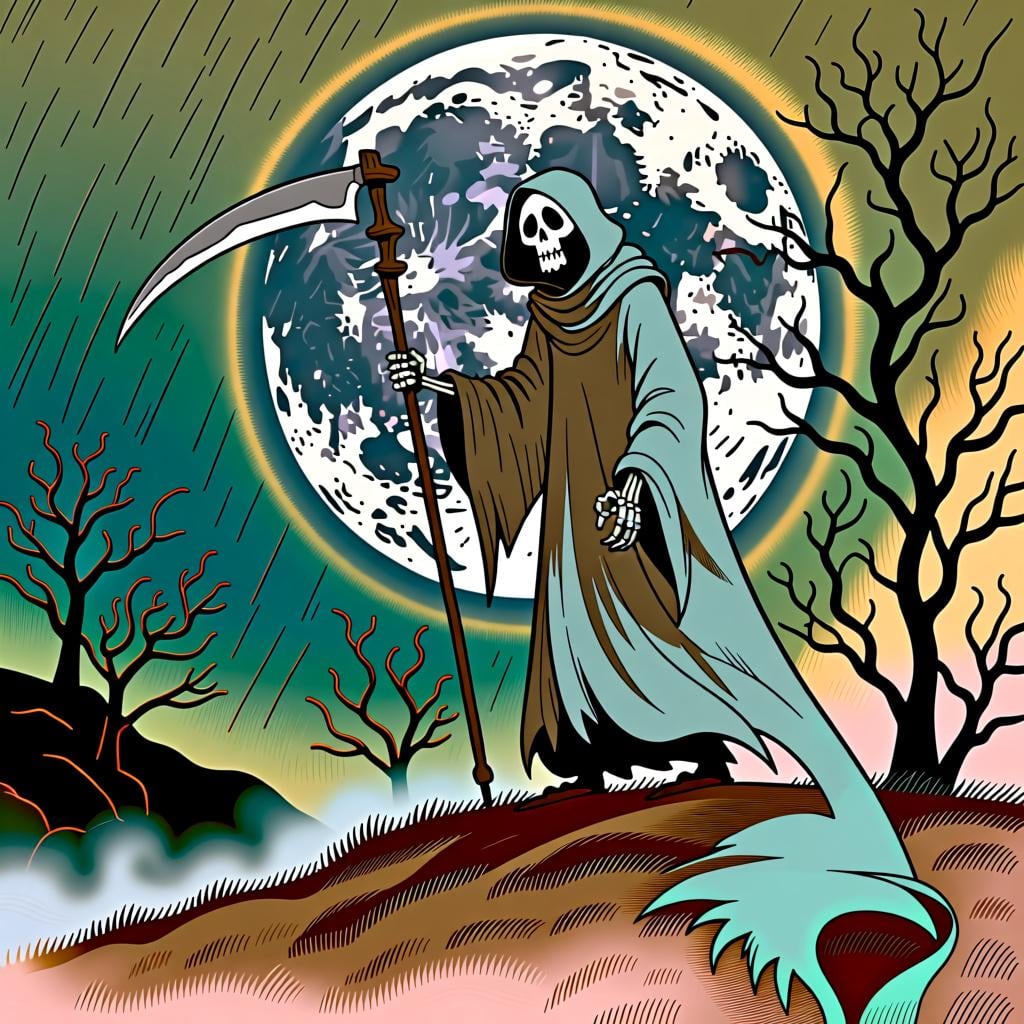 A depiction of the Grim Reaper, a skeletal figure in a long black hooded cloak holding a large scythe, symbolizing the personification of death.