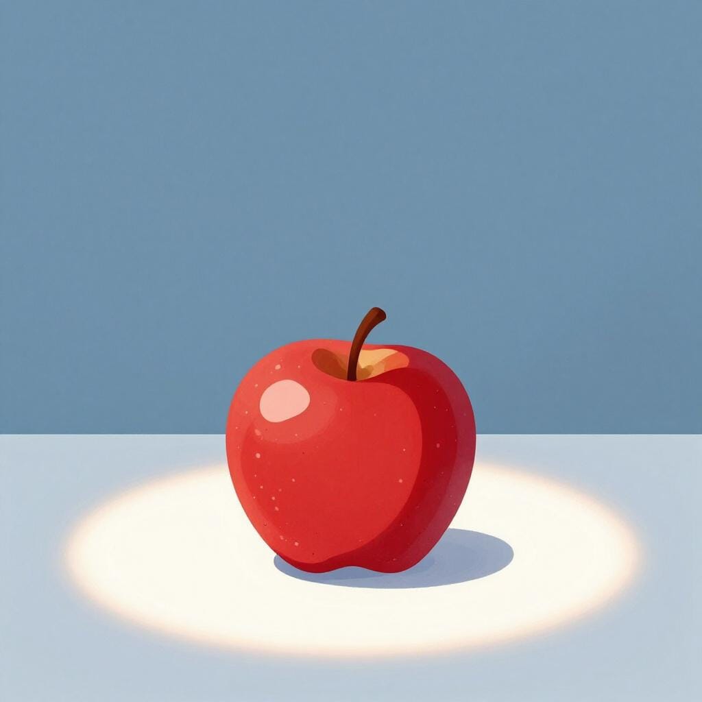 Une pomme rouge vif posée sur une surface blanche propre sous une lumière claire.