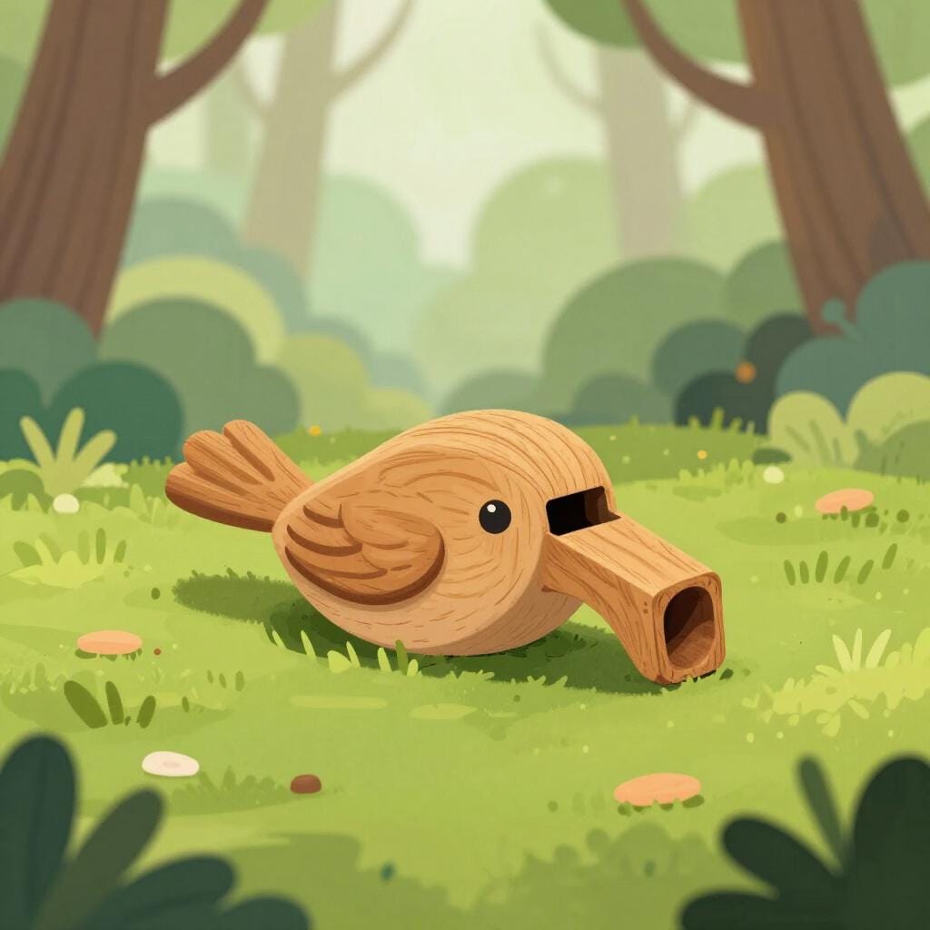 A bright red wooden bird whistle sitting on a forest floor.