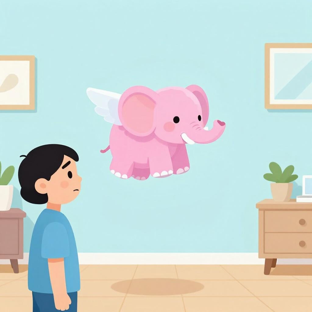 Een persoon die naar een kleurrijke roze olifant kijkt die in de lucht zweeft.