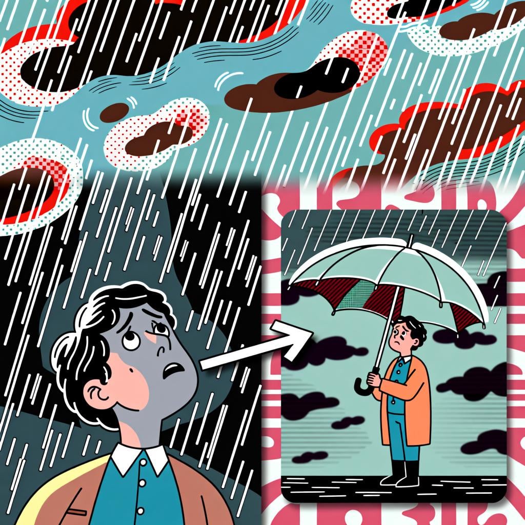 A person sees dark rain clouds in the sky and, as a result, opens an umbrella, demonstrating the concept of 'so' or 'therefore'.