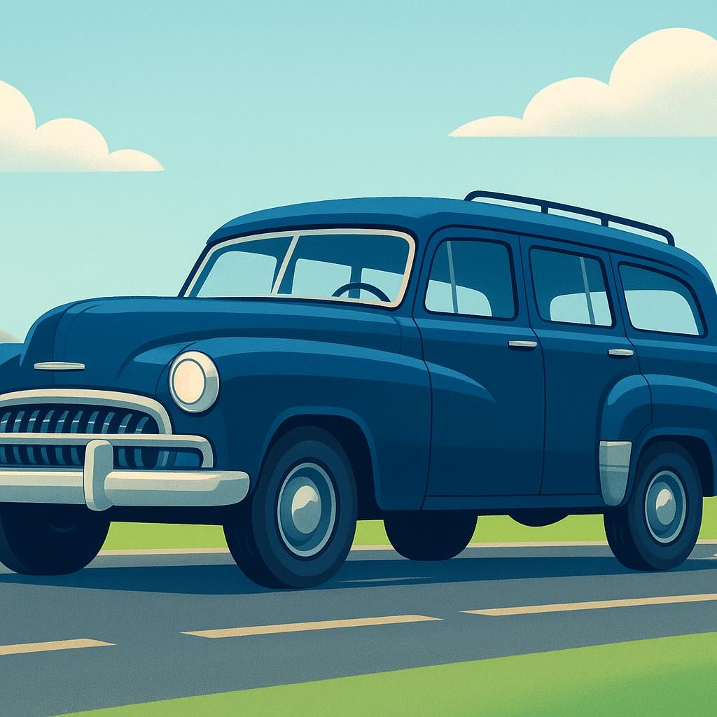 A massive, long, deep blue vintage station wagon driving slowly on an empty road, emphasizing its bulky size.