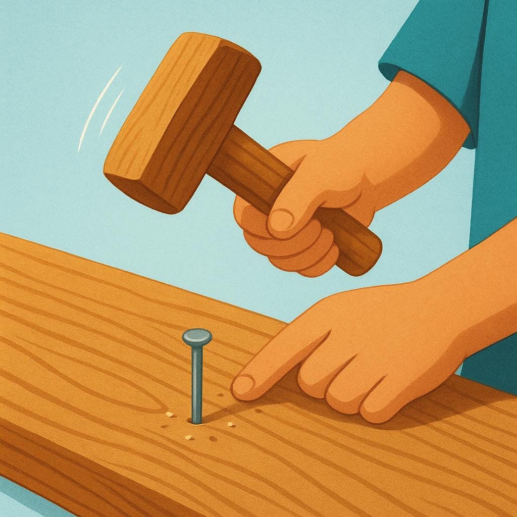 A colorful storybook illustration focusing on two hands holding a simple wooden hammer, actively using it to hit a nail into a piece of wood, demonstrating utilization or use.
