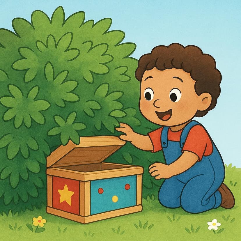 A small child wearing a red hat smiles excitedly as they pull a brightly colored wooden toy box out from behind a large green bush.