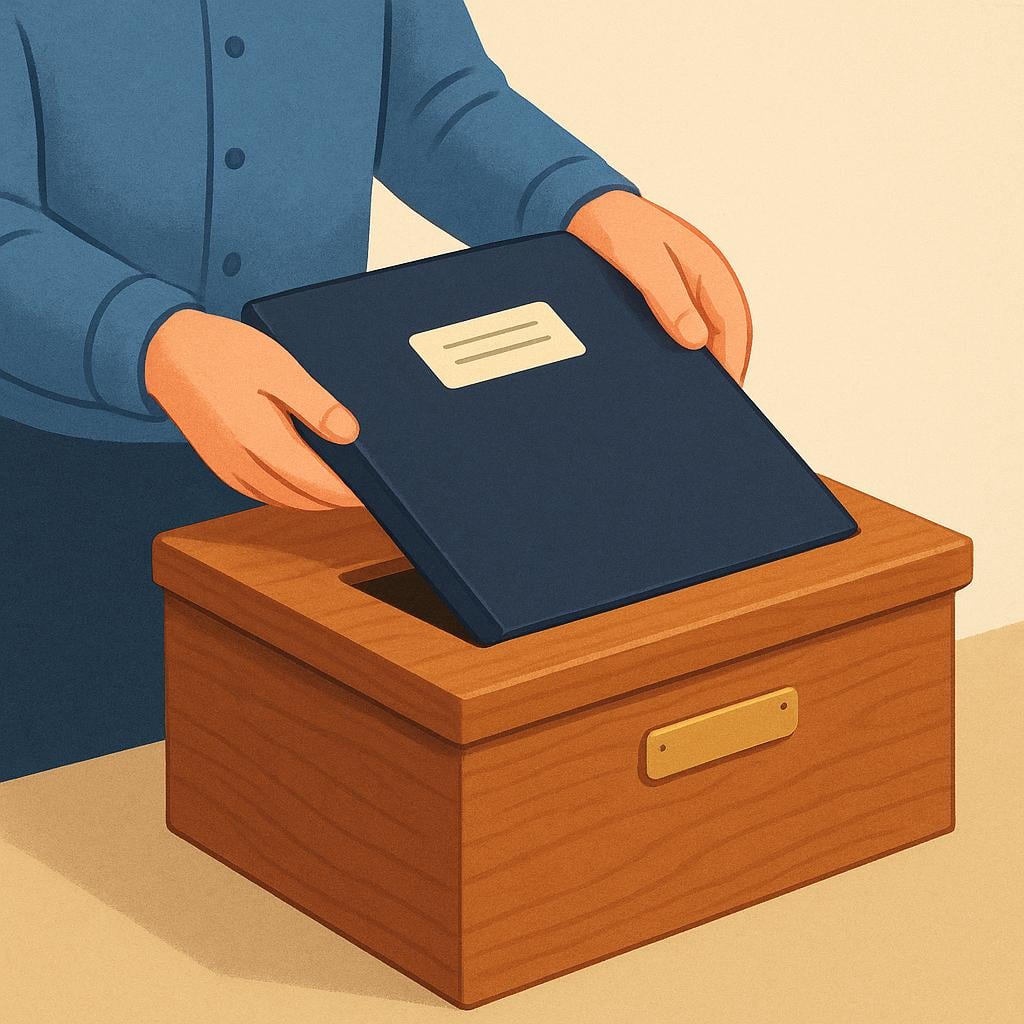 A person carefully placing a large manila folder into a designated submission box.