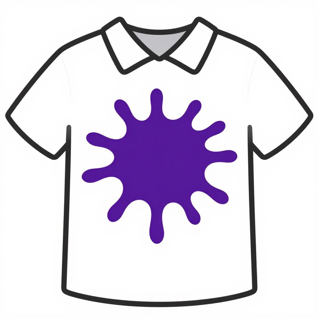 A white t-shirt with a large purple grape juice stain on the front.