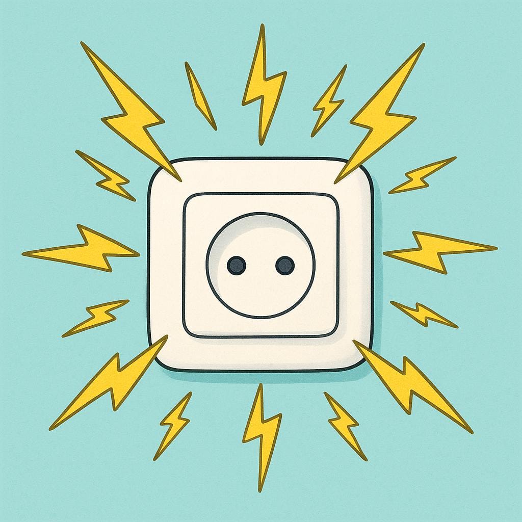 A standard wall electrical outlet glowing brightly with yellow stylized lightning bolts radiating outward, representing power.
