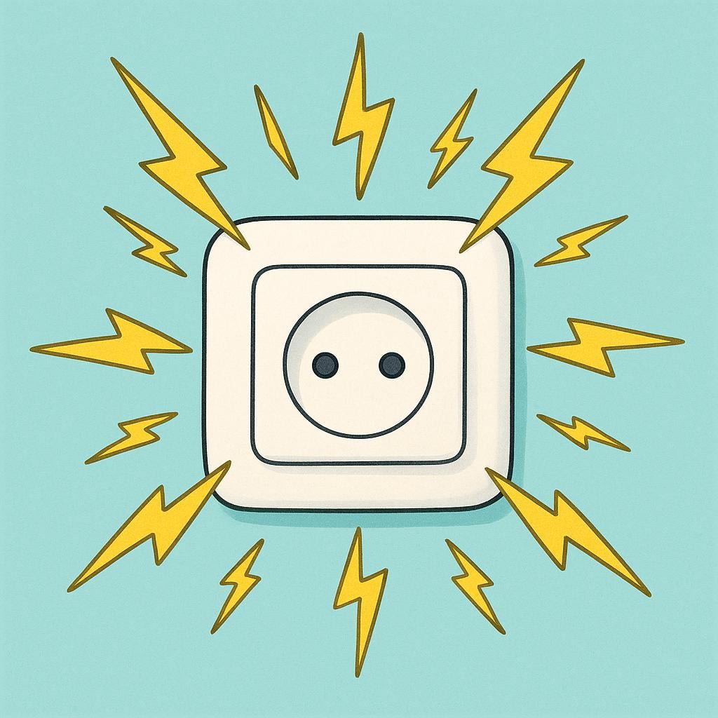 A standard wall electrical outlet glowing brightly with yellow stylized lightning bolts radiating outward, representing power.