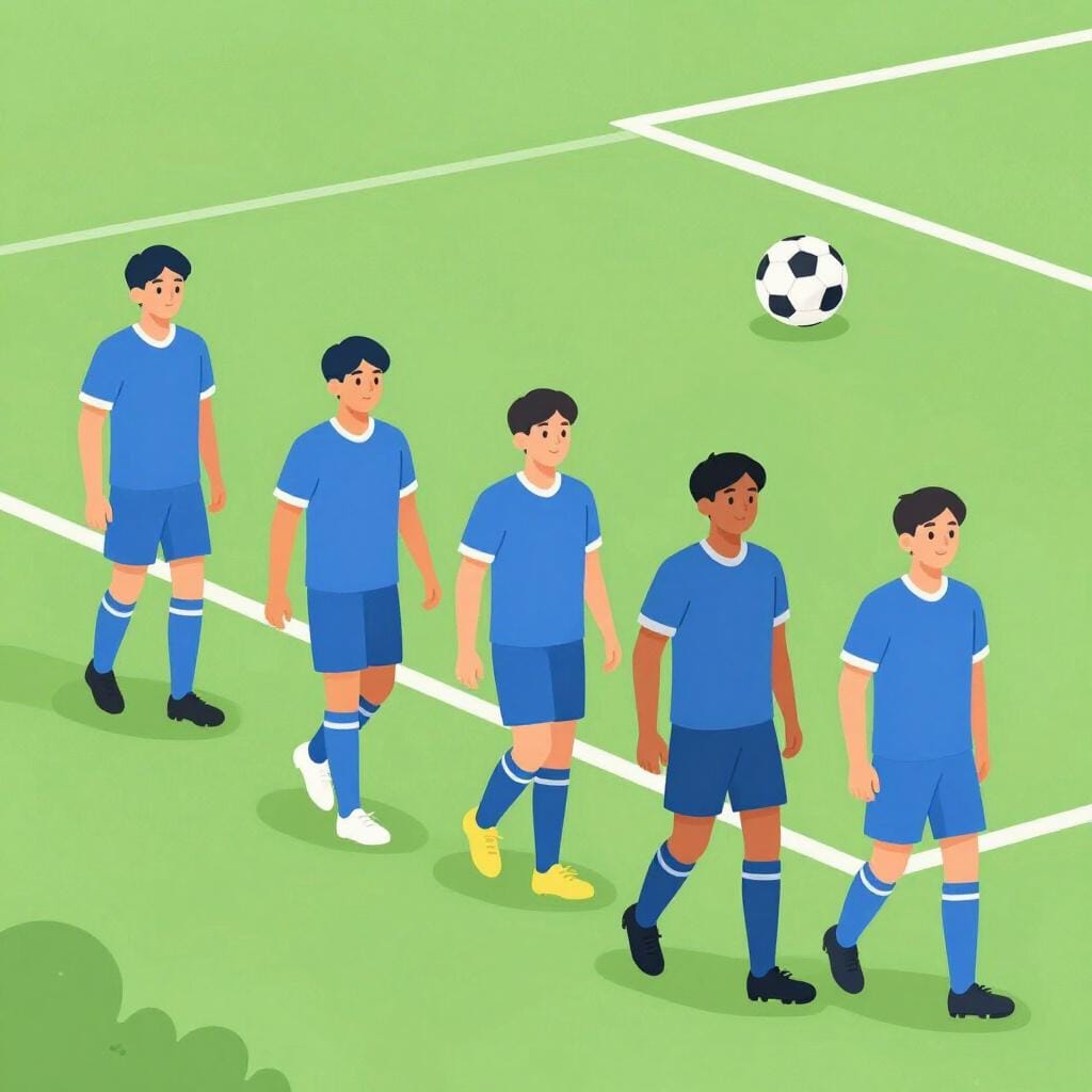 A group of people wearing matching sports jerseys walking onto a field.