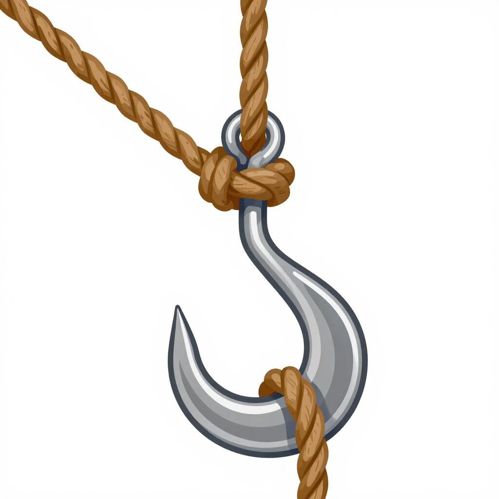 A metal hook catching onto a thick rope.