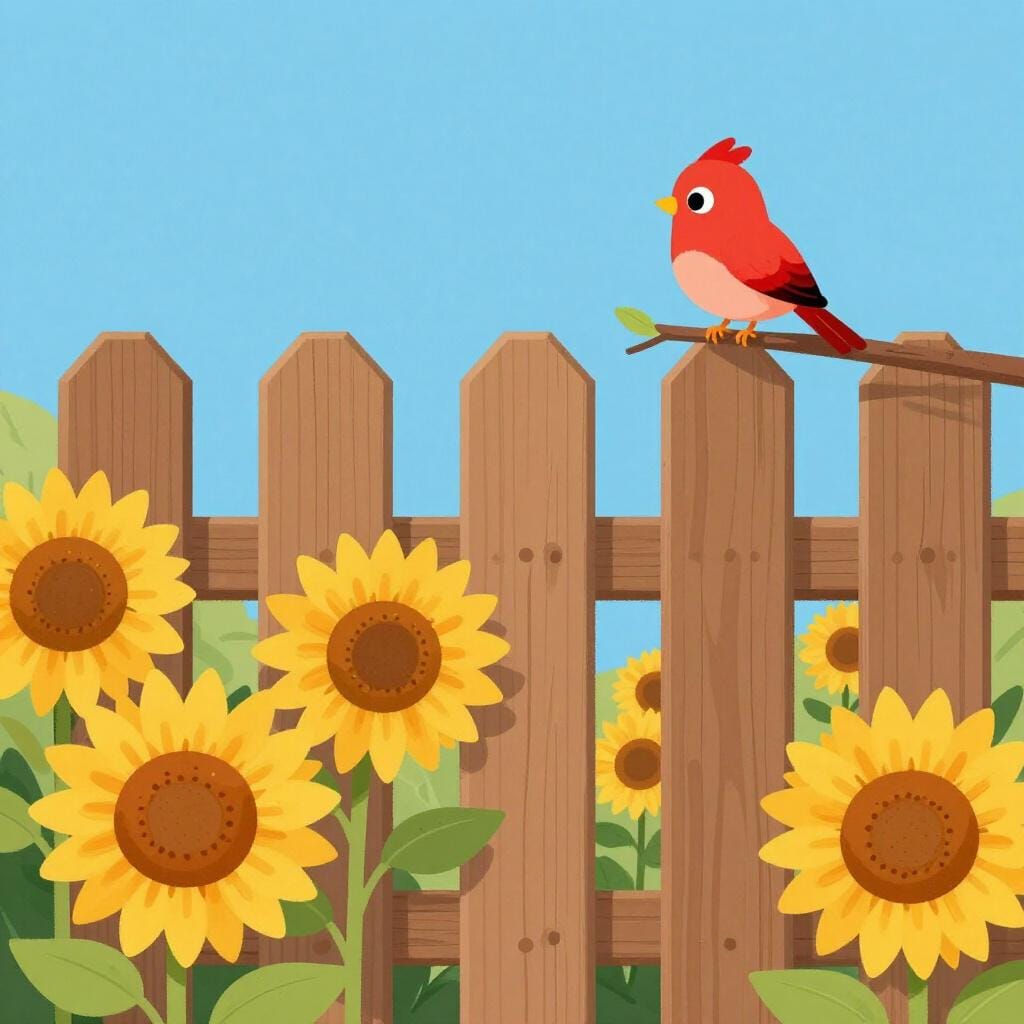 A small red bird sitting on a tree branch, looking at a wooden fence that blocks the path to a garden of sunflowers.