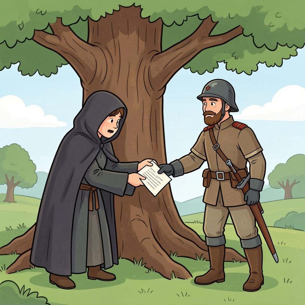 A person in a dark cloak handing a secret letter to a rival soldier behind a tree.