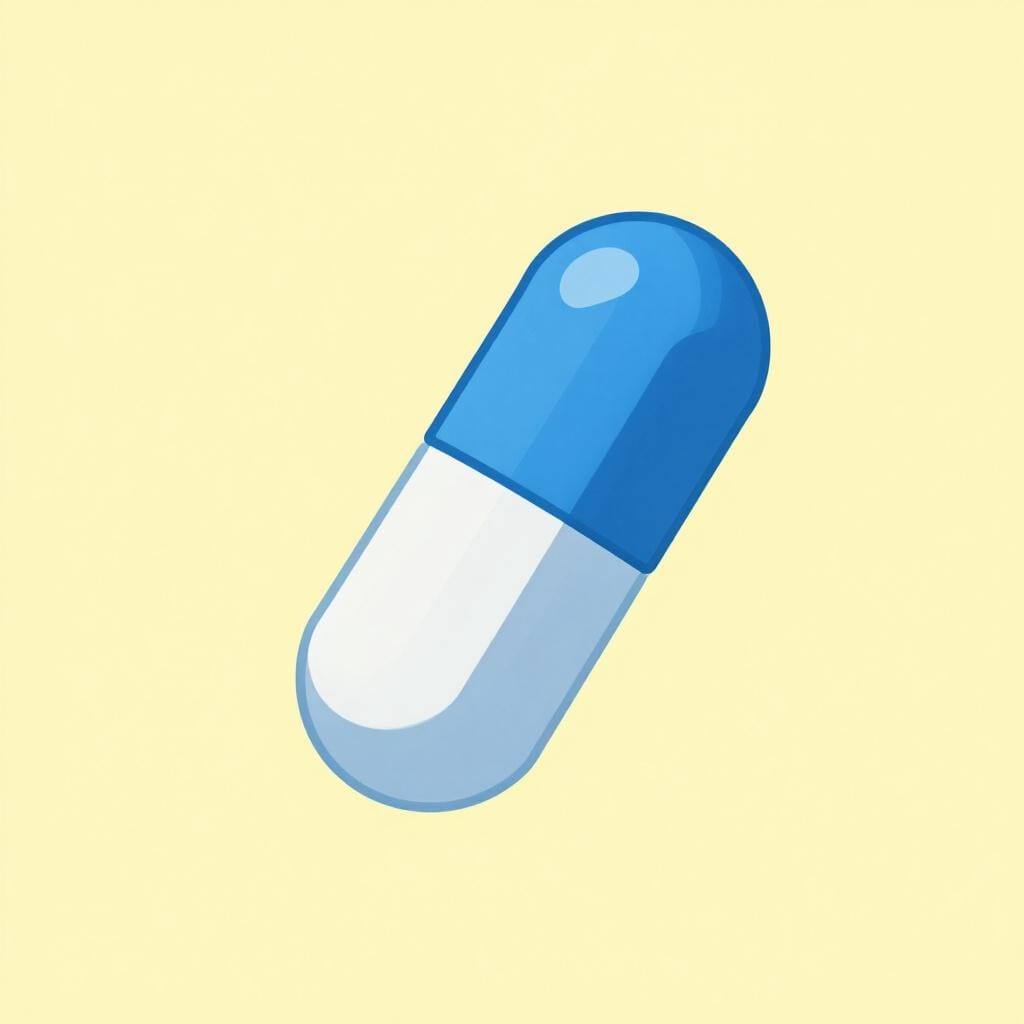 A single blue and white capsule pill sitting on a clean, solid background.