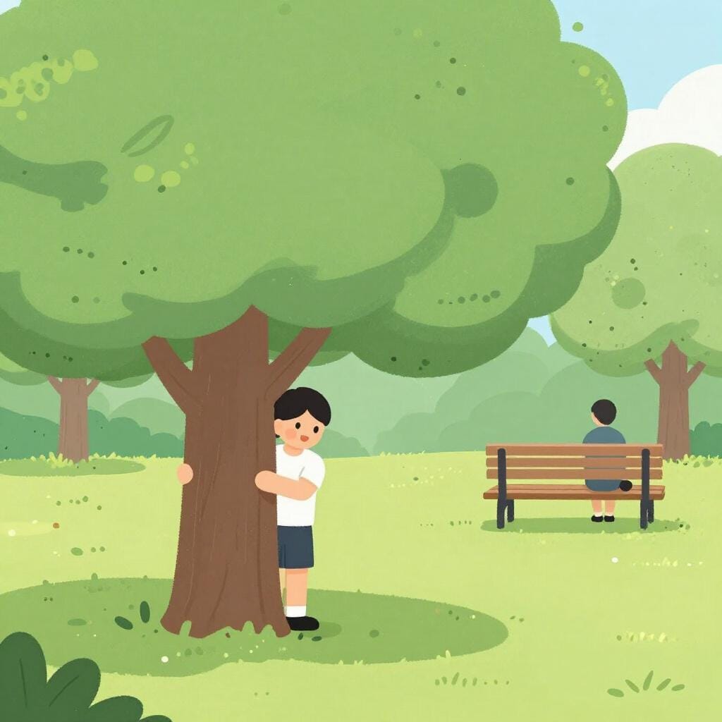 A figure peeking from behind a large tree in a park, watching a person sitting on a bench in the distance.