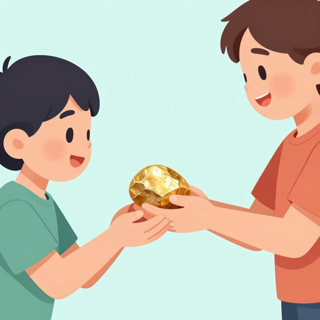 Eine Person reicht einer anderen Person einen glänzend goldfarben bemalten Stein, die beeindruckt aussieht.