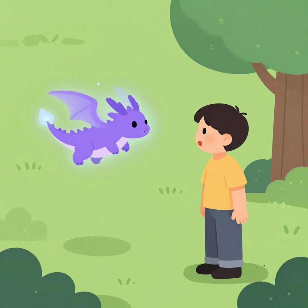 Een kleurrijke illustratie uit een sprookjesboek die een persoon laat zien die een vriendelijke zwevende paarse draak ziet die er niet echt is, wat een andere realiteit vertegenwoordigt.