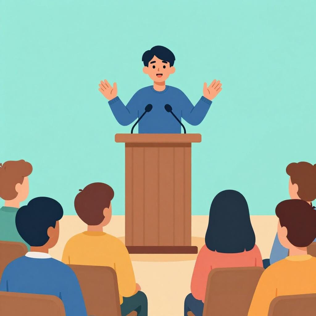 Un oratore in piedi dietro un podio di legno con le braccia aperte, che parla a un pubblico attento.