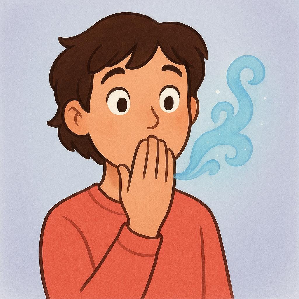 A surprised young person is covering their mouth with their hand, but a small puff of blue smoke, symbolizing a secret, is visibly slipping out between their fingers.