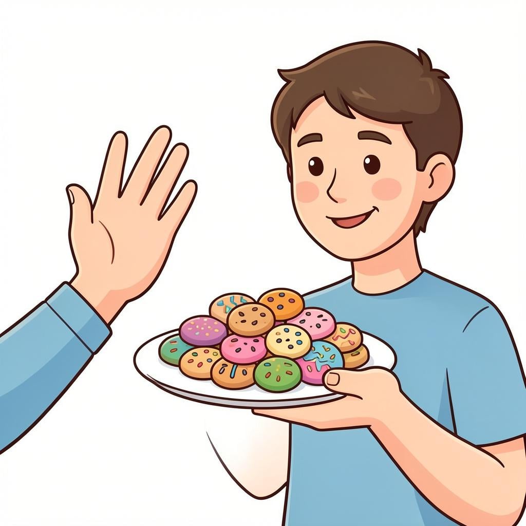A person politely holding up a hand to decline a tray of cookies being offered to them.