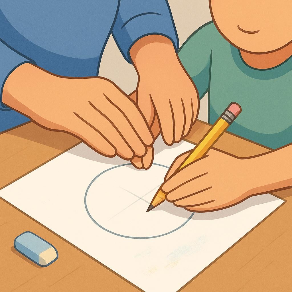 An adult teacher showing a younger person how to draw a circle by gently guiding their hand.