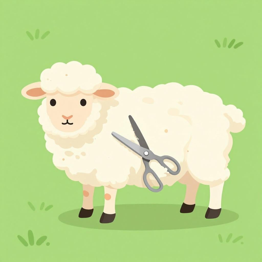 A fluffy white sheep standing calmly while a pair of metal shears removes a thick layer of wool.