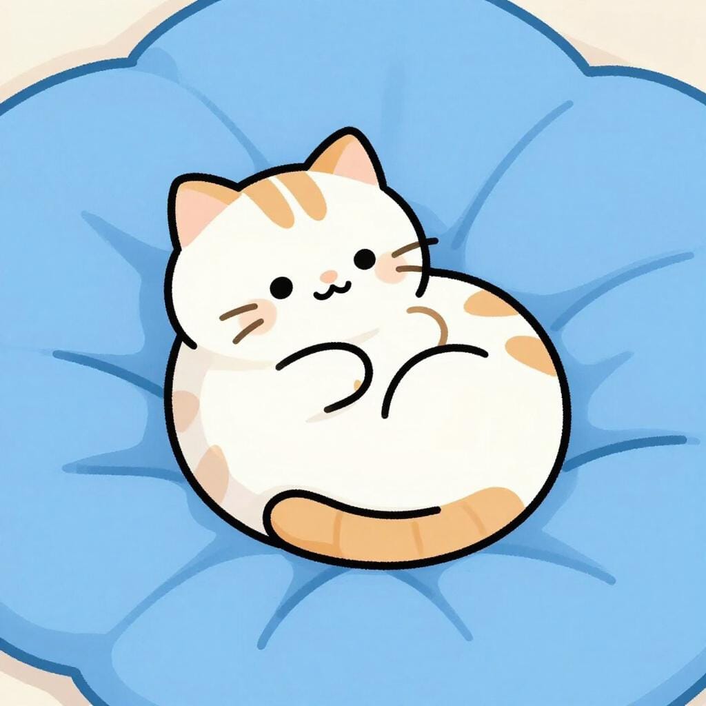 부드러운 담요 위에 웅크리고 있는 작고 복슬복슬한 아기 고양이.