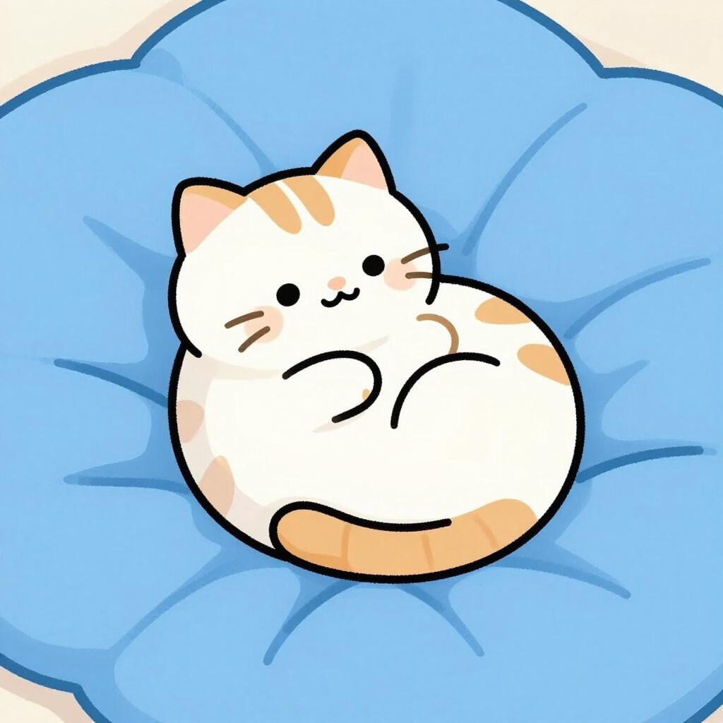부드러운 담요 위에 웅크리고 있는 작고 복슬복슬한 아기 고양이.