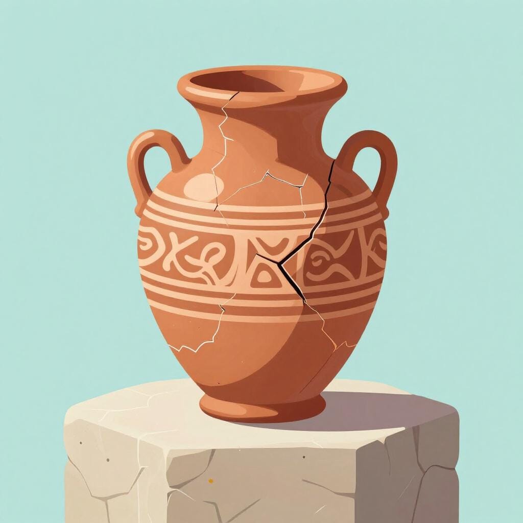 A dusty, ancient clay pot with intricate carved patterns sitting on a stone pedestal.
