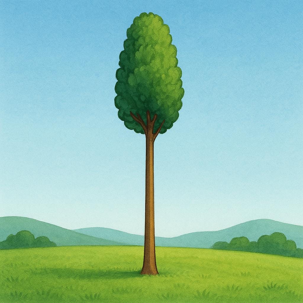A single, very tall and narrow Lombardy poplar tree with dense green foliage, standing upright in a sunny field.