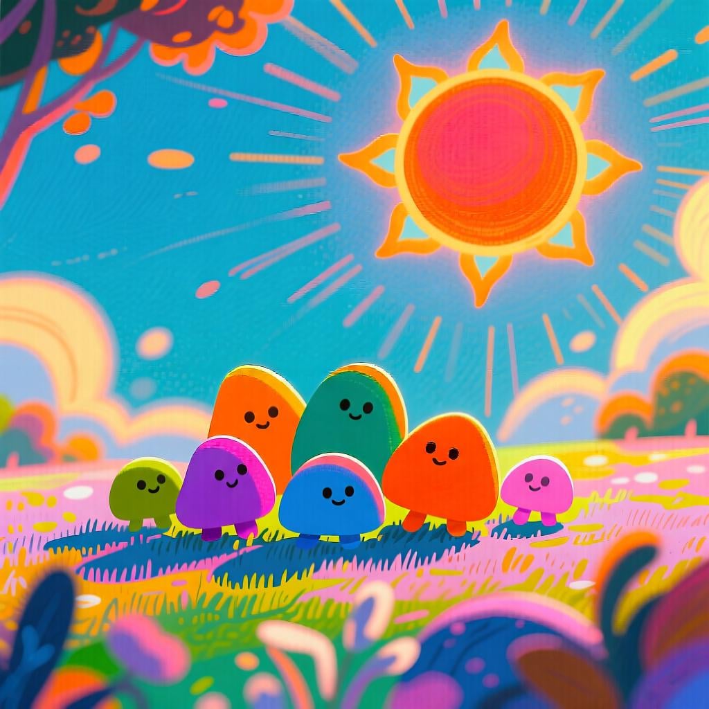 A stylized representation of a warm afternoon scene where several small, colorful shapes are clustered loosely around a large, glowing orange circle representing the afternoon sun.