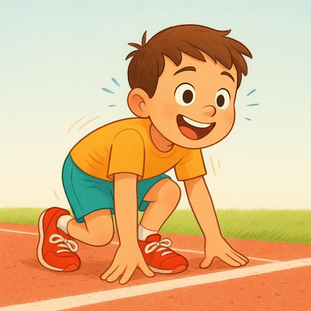 A young boy in bright red running shoes is crouched low at a starting line, looking intensely focused and eager to start running.