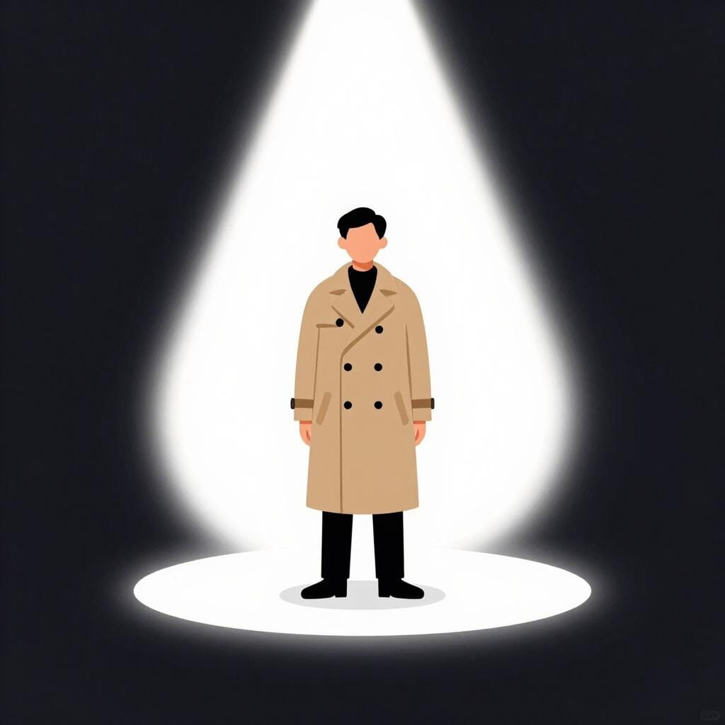 A person in a trench coat standing in a bright spotlight.