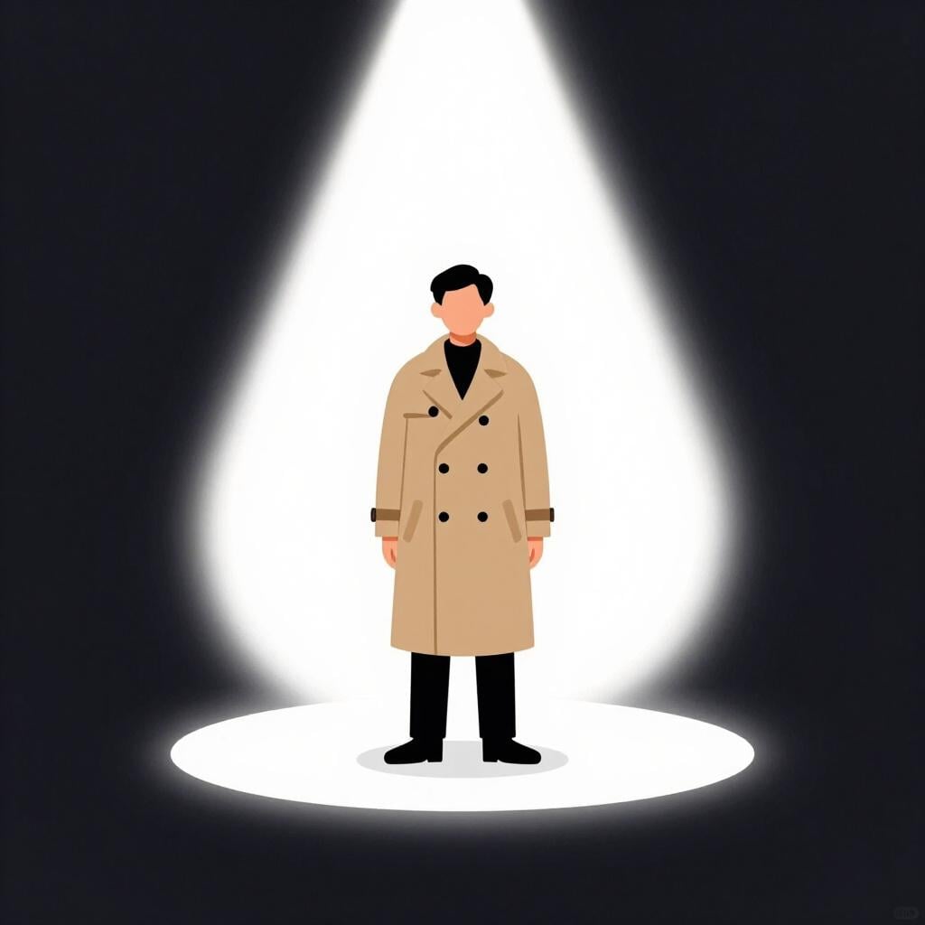 A person in a trench coat standing in a bright spotlight.