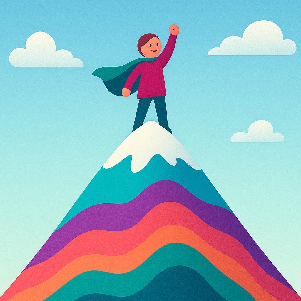 Una figura stilizzata in piedi trionfante sulla cima di una vetta innevata, alzando una mano in segno di vittoria.
