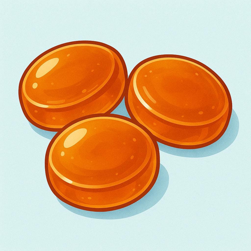 Drei glatte, durchscheinende bernsteinfarbene sechseckige Hustenbonbons, die auf einer Oberfläche verstreut sind.