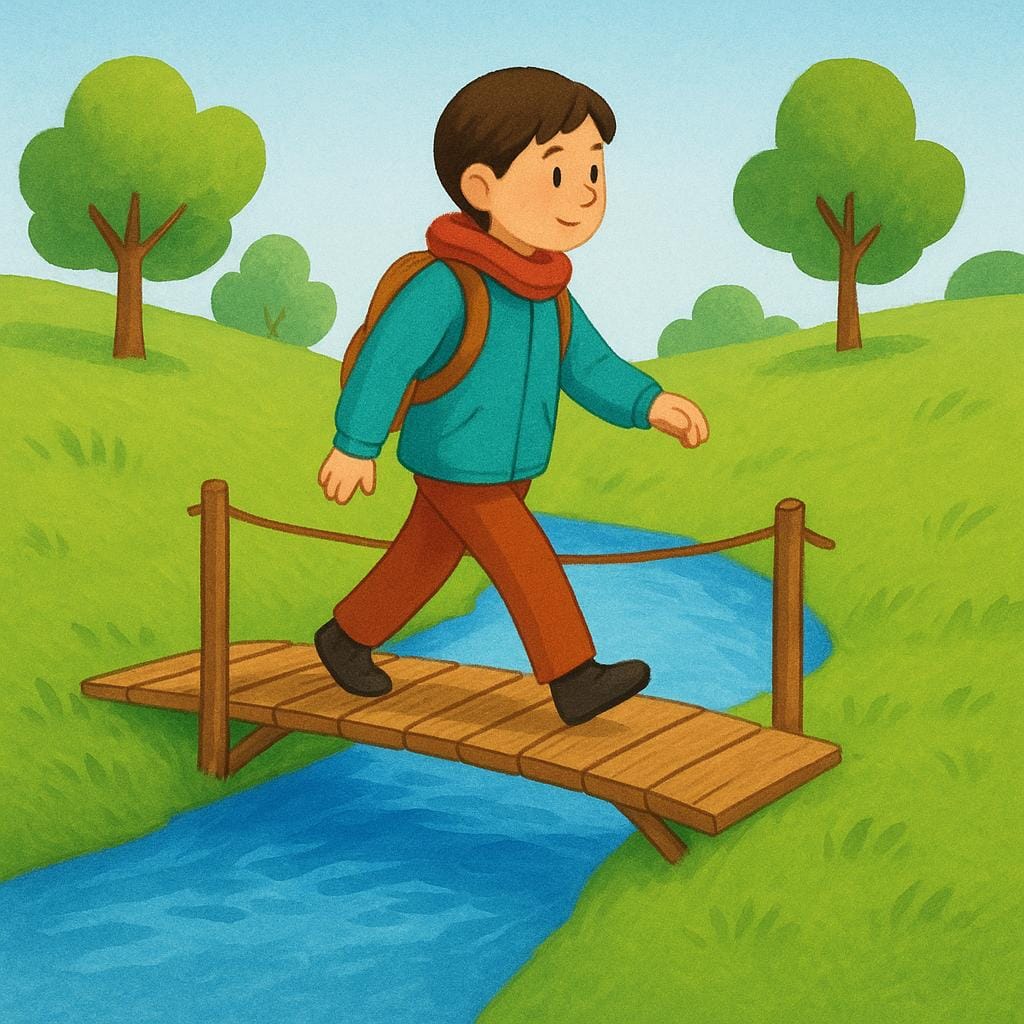 A stylized illustration of a person walking across a narrow wooden bridge spanning a blue river, moving from one side to the other.