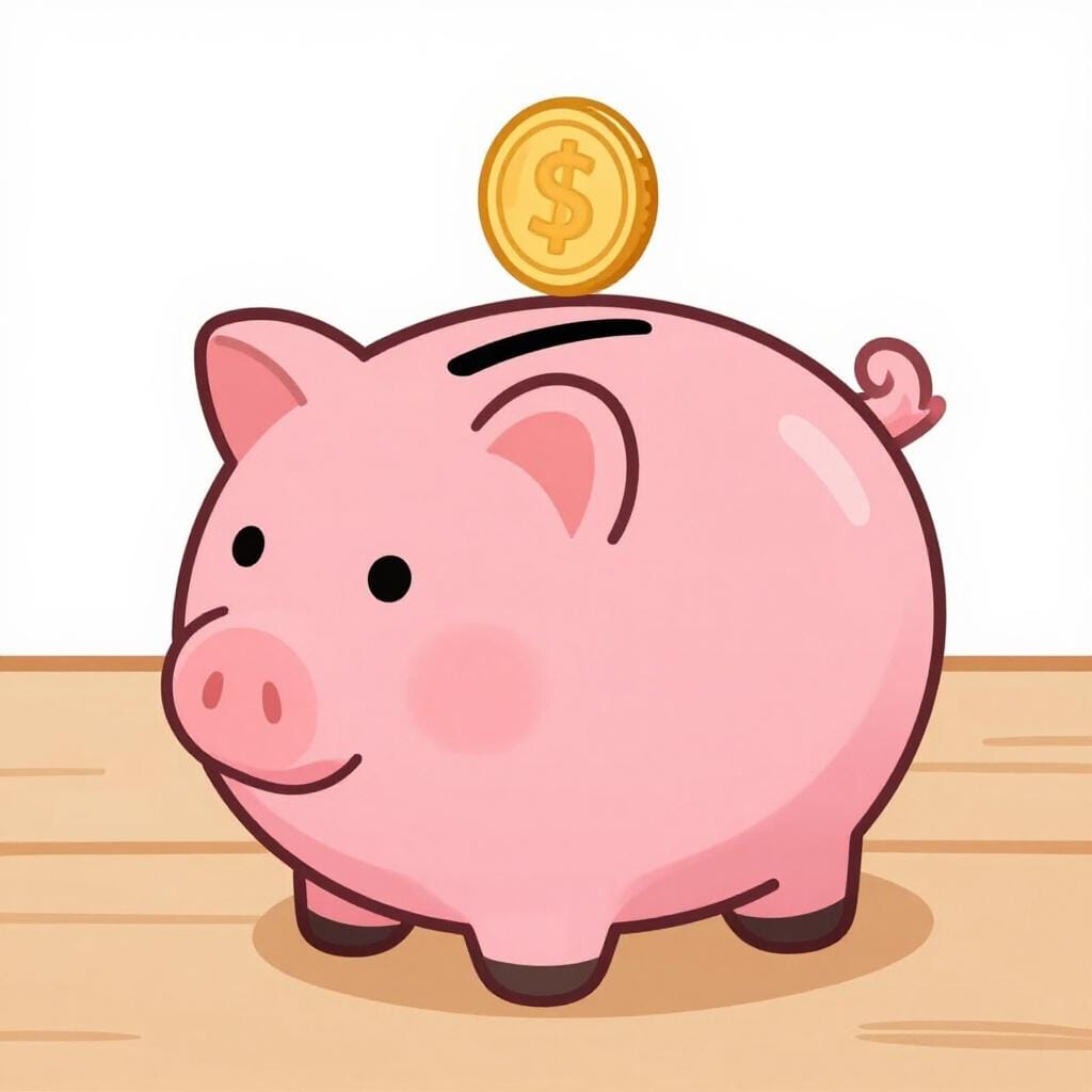 Une tirelire rose en céramique avec une seule pièce d'or en lévitation au-dessus de la fente.