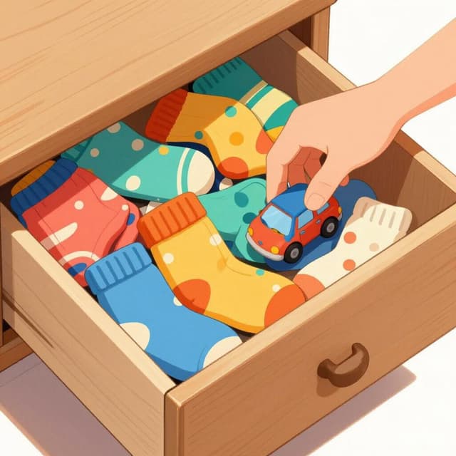 색색의 양말과 작은 장난감으로 가득 찬 어수선한 나무 서랍을 뒤지는 손.