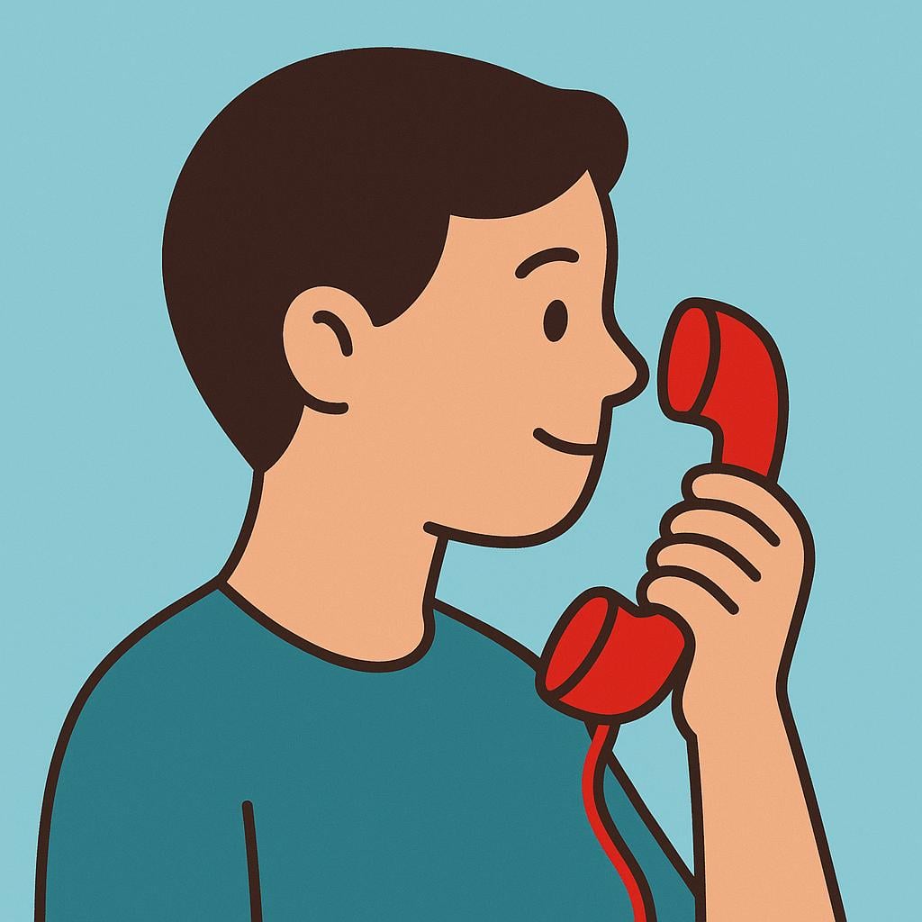 A person's head and shoulders shown in profile, holding a simple red telephone receiver pressed against their ear, actively engaged in a call.