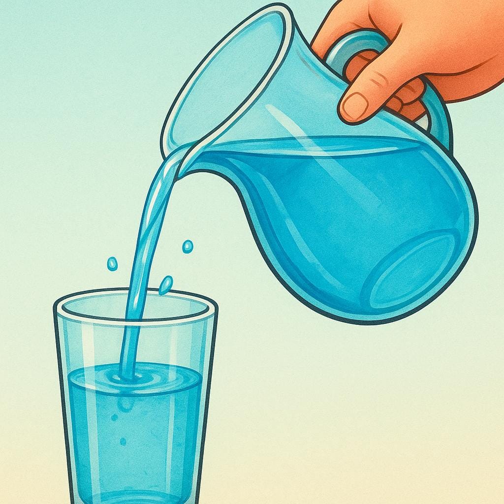 A close-up of a person's hand holding a pitcher and pouring clear blue water into a tall, empty glass cup.