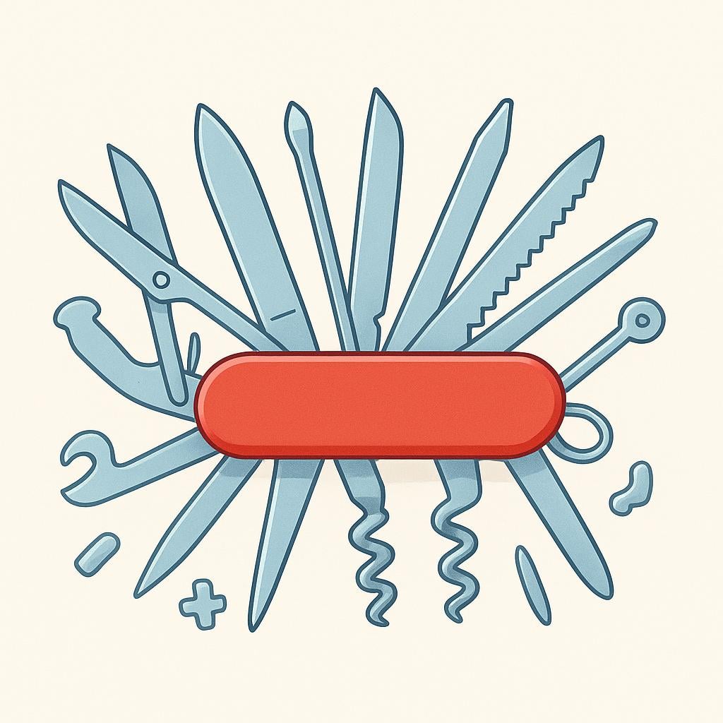 A colorful Swiss army knife with various tools extended like a blade, a pair of scissors, and a bottle opener.