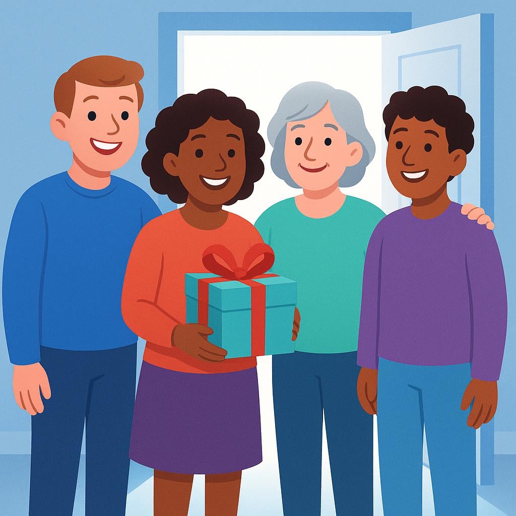 Four smiling people standing together near a decorated doorway, one holding a wrapped gift, representing guests arriving at an event.