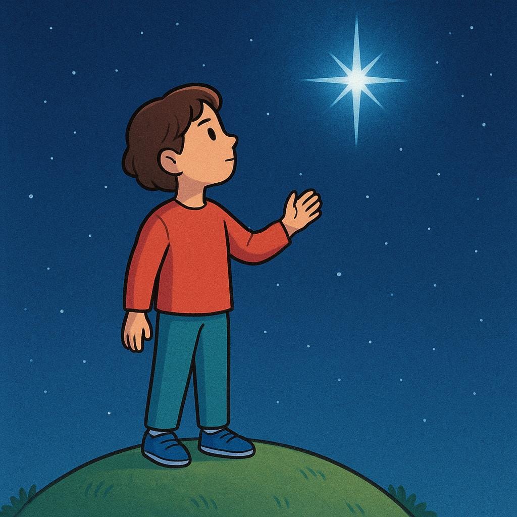 A happy young person standing outdoors, looking up towards a bright, distant star, symbolizing a future goal or aspiration.
