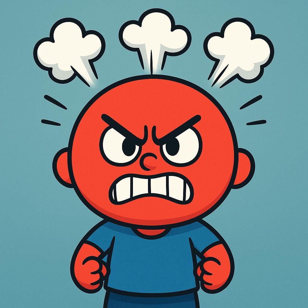 A simple, stylized character illustration showing intense anger, depicted by a bright red face, clenched fists, and exaggerated steam rising from its head.