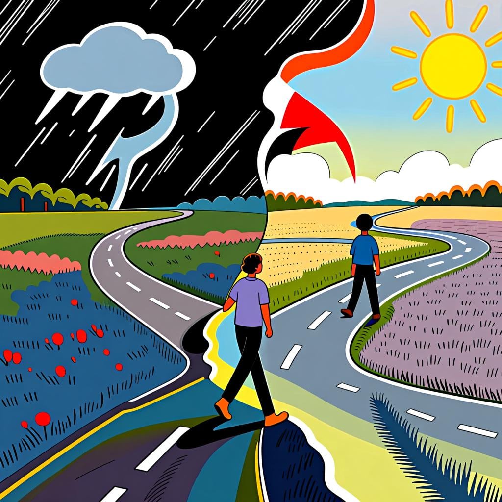 A person choosing a sunny path over a stormy one, illustrating the idea of choosing one thing 'rather' than another.