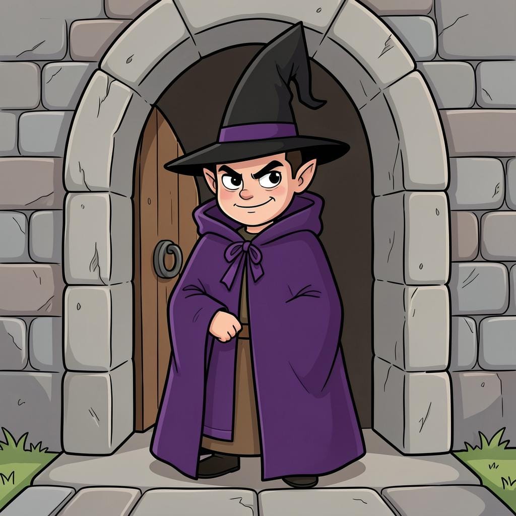A tall man wearing a dark cloak and a pointed hat with a mischievous expression, standing in a shadowy doorway.