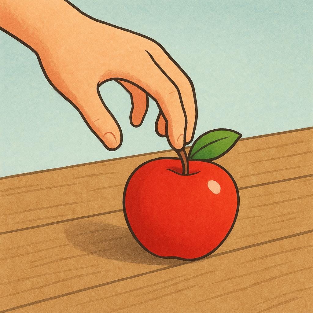 나무 표면 위에 놓인 밝은 빨간색 사과 하나를 집으려는 손을 클로즈업한 모습.