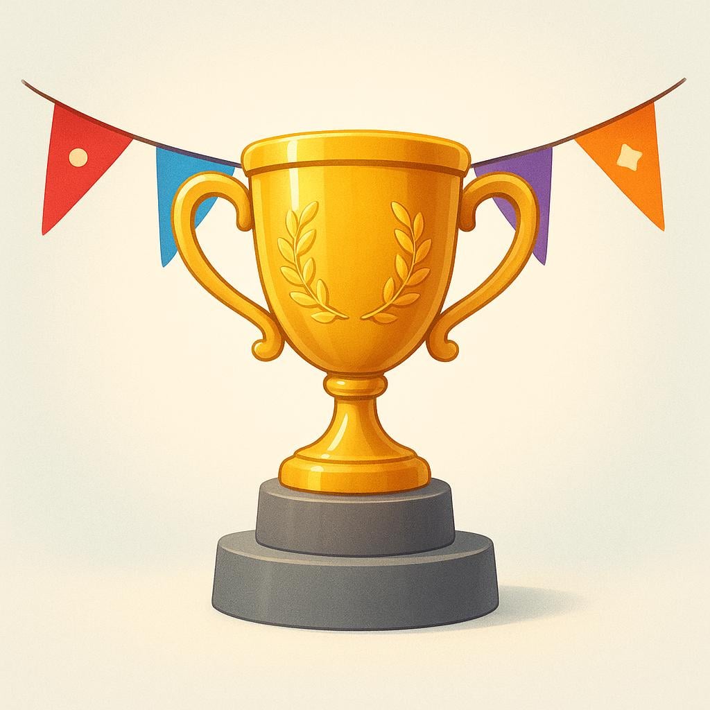 A shiny, golden championship trophy standing on a pedestal, surrounded by several small, colorful team flags representing a sports league.