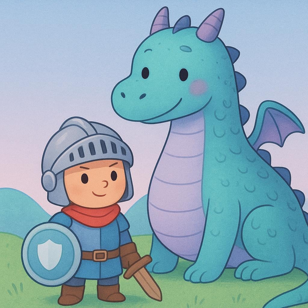 A small, determined knight holding a shield and standing confidently in front of a slightly larger, non-threatening dragon.