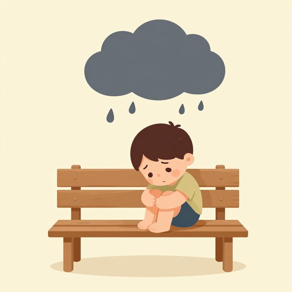 Un enfant petit et triste assis seul sur un banc en bois, serrant ses genoux avec un nuage sombre et lourd planant tout près au-dessus de lui.
